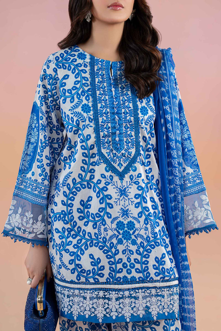 3-piece white and blue printed lawn suit with embroidered organza lace and printed chiffon dupatta – RS Royal Fashion.