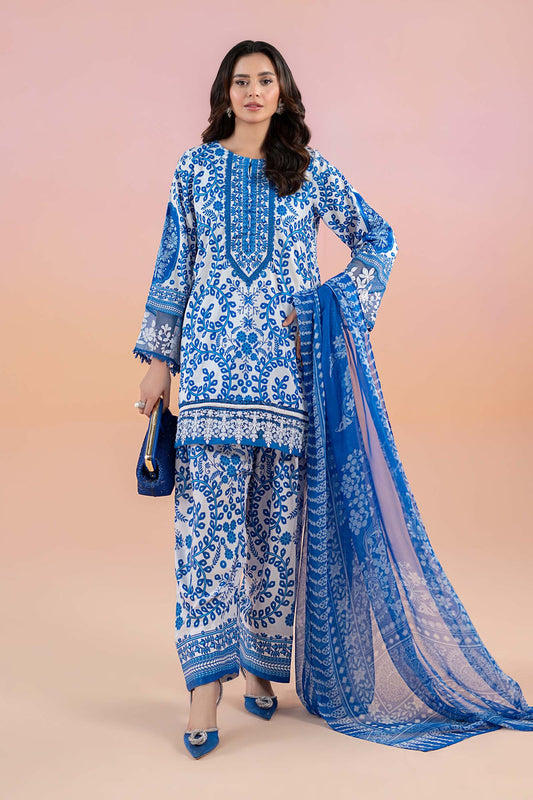 3-piece white and blue printed lawn suit with embroidered organza lace and printed chiffon dupatta – RS Royal Fashion.