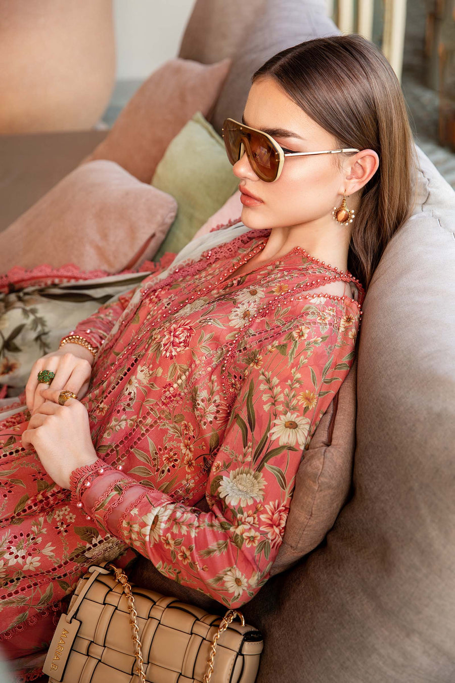1002: Peach printed 3-piece unstitched lawn suit with embroidered shirt and chiffon dupatta.