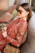1002: Peach printed 3-piece unstitched lawn suit with embroidered shirt and chiffon dupatta.