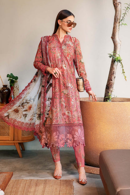 1002: Peach printed 3-piece unstitched lawn suit with embroidered shirt and chiffon dupatta.
