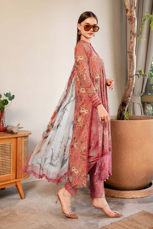 Peach printed 3-piece unstitched lawn suit with embroidered shirt and chiffon dupatta.