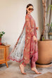 Peach printed 3-piece unstitched lawn suit with embroidered shirt and chiffon dupatta.