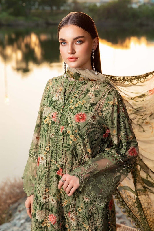 Unstitched lawn 3-piece suit with embroidery and chiffon dupatta.