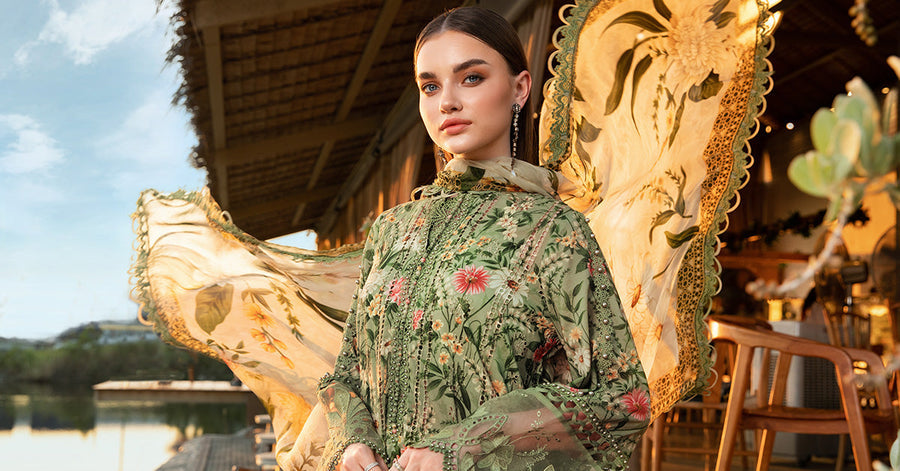 Unstitched lawn 3-piece suit with embroidery and chiffon dupatta.