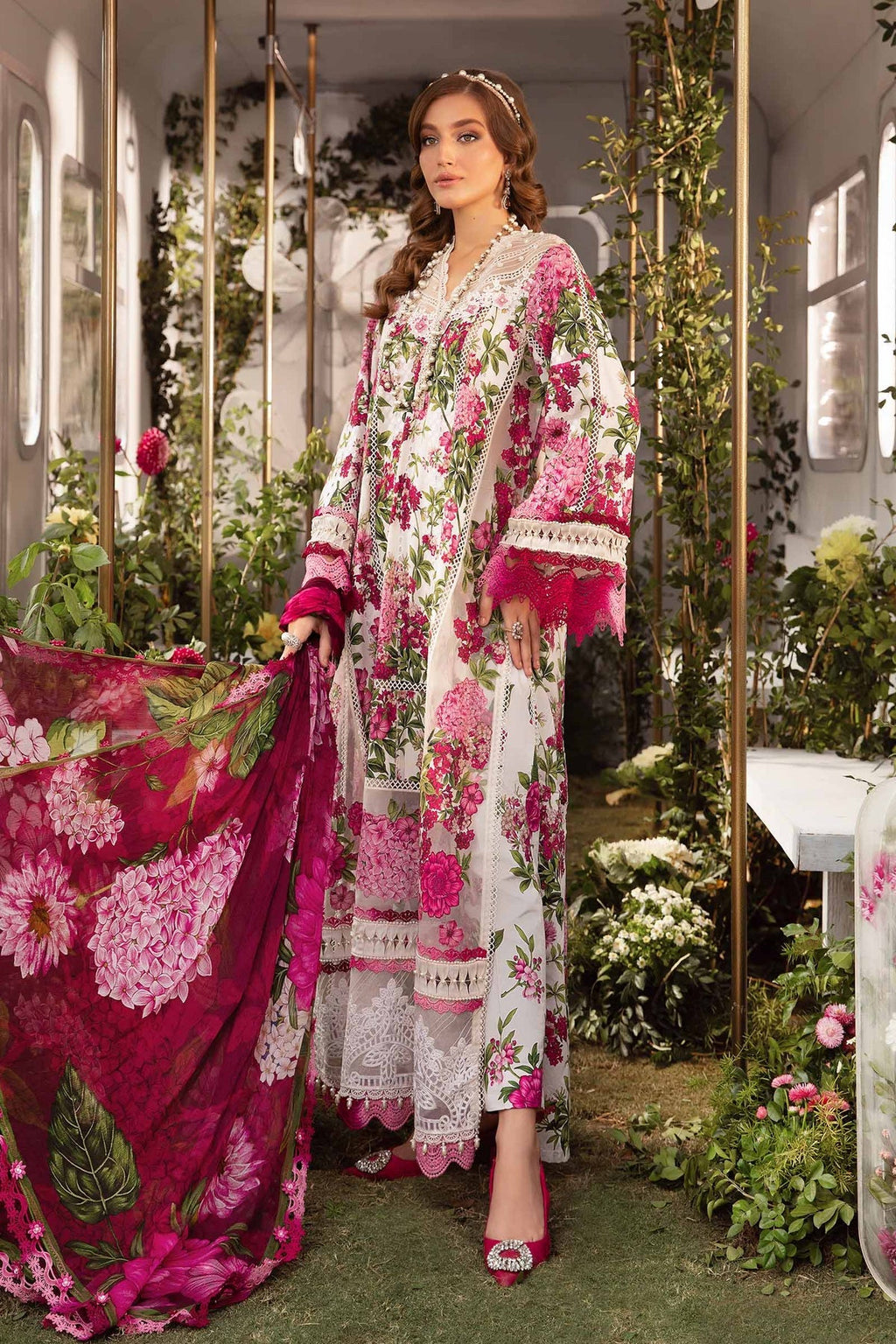 Maria B white and pink embroidered 3PC organza suit with elegant festive design.