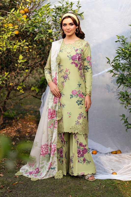 UE-395 Printed Lawn 3Pc Unstitched Suit by Iznik with Digital Linen Shirt, Embroidered Dupatta & Printed Trouser 