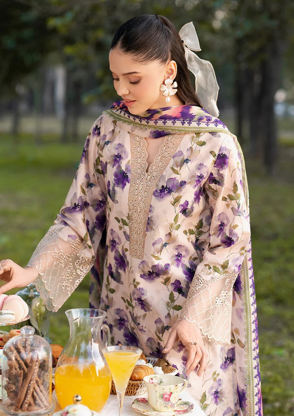 N Jahan embroidered & digital printed linen 3-piece suit with organza patch, linen dupatta, and trouser