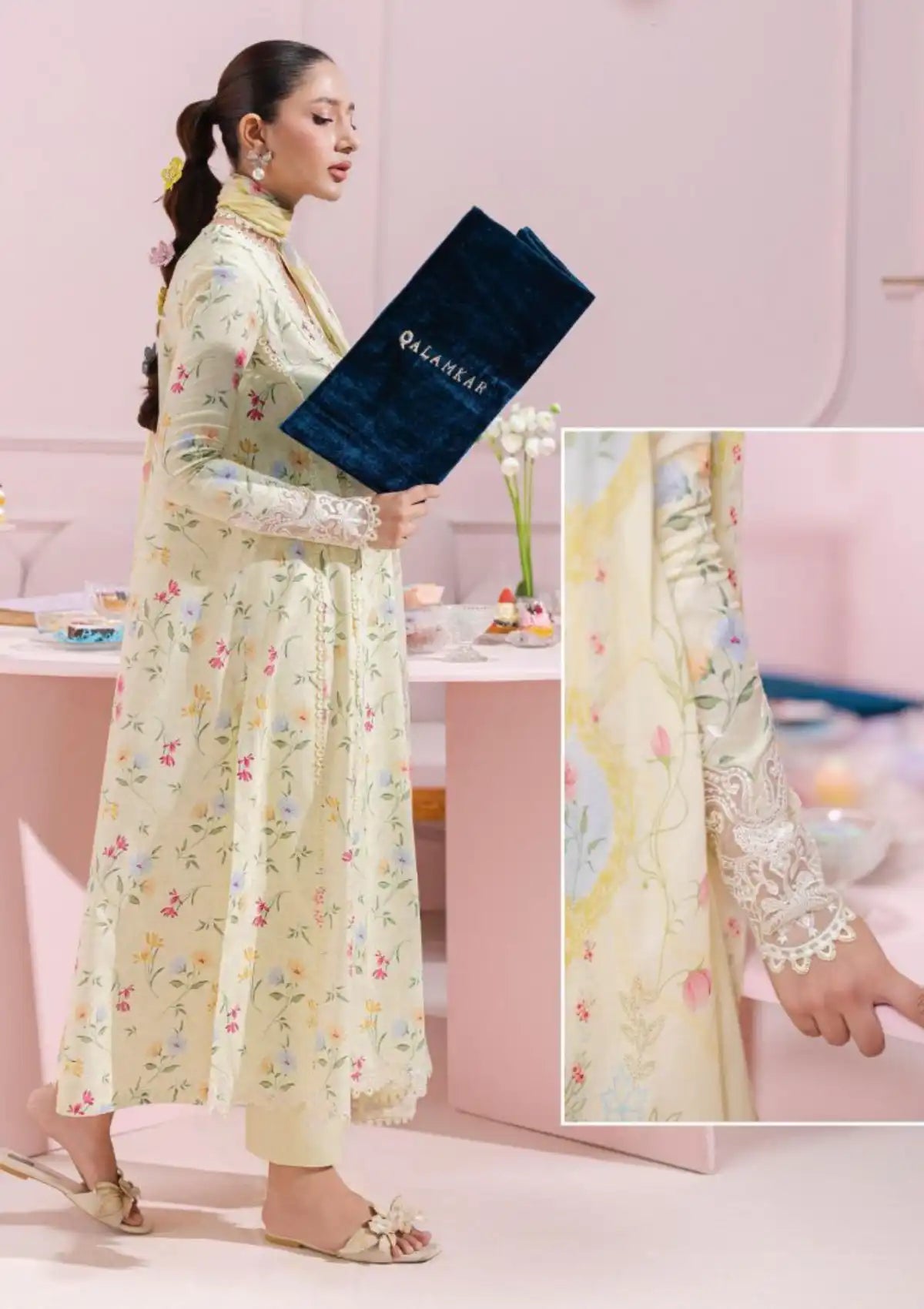Qalamkar embroidered & digital printed linen 3-piece suit with organza patch, linen dupatta, and trouser