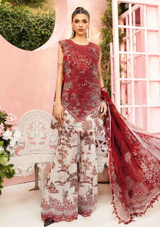 Maria B M Prints 25-MPEE#8A 3-piece unstitched lawn suit with digital printed shirt, embroidered chiffon dupatta, and printed trouser.