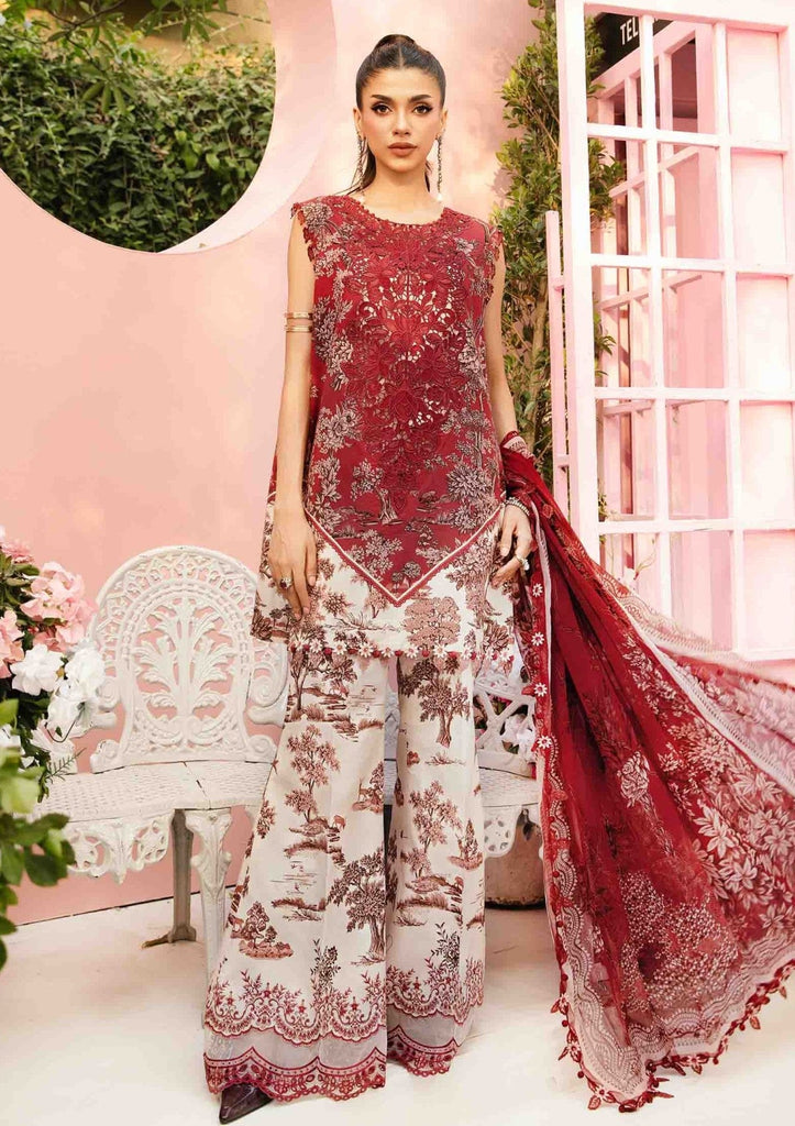Maria B M Prints 25-MPEE#8A 3-piece unstitched lawn suit with digital printed shirt, embroidered chiffon dupatta, and printed trouser.