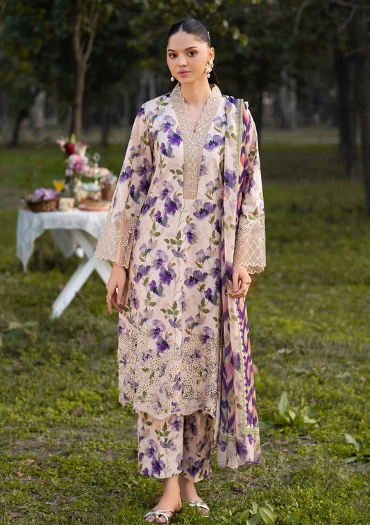 N Jahan embroidered & digital printed linen 3-piece suit with organza patch, linen dupatta, and trouser