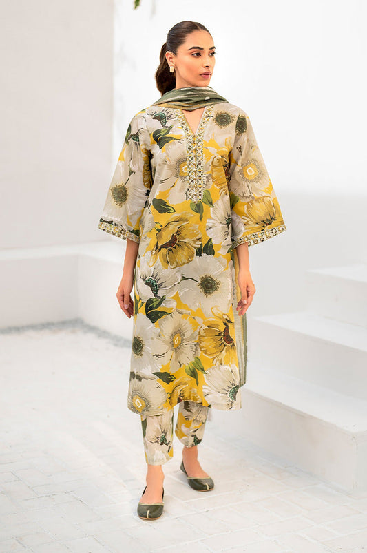 Iznik Dhanak 3PC suit with printed dhanak shirt, dupatta, trouser, and embroidered patches on organza