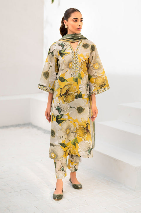Iznik Dhanak 3PC suit with printed dhanak shirt, dupatta, trouser, and embroidered patches on organza