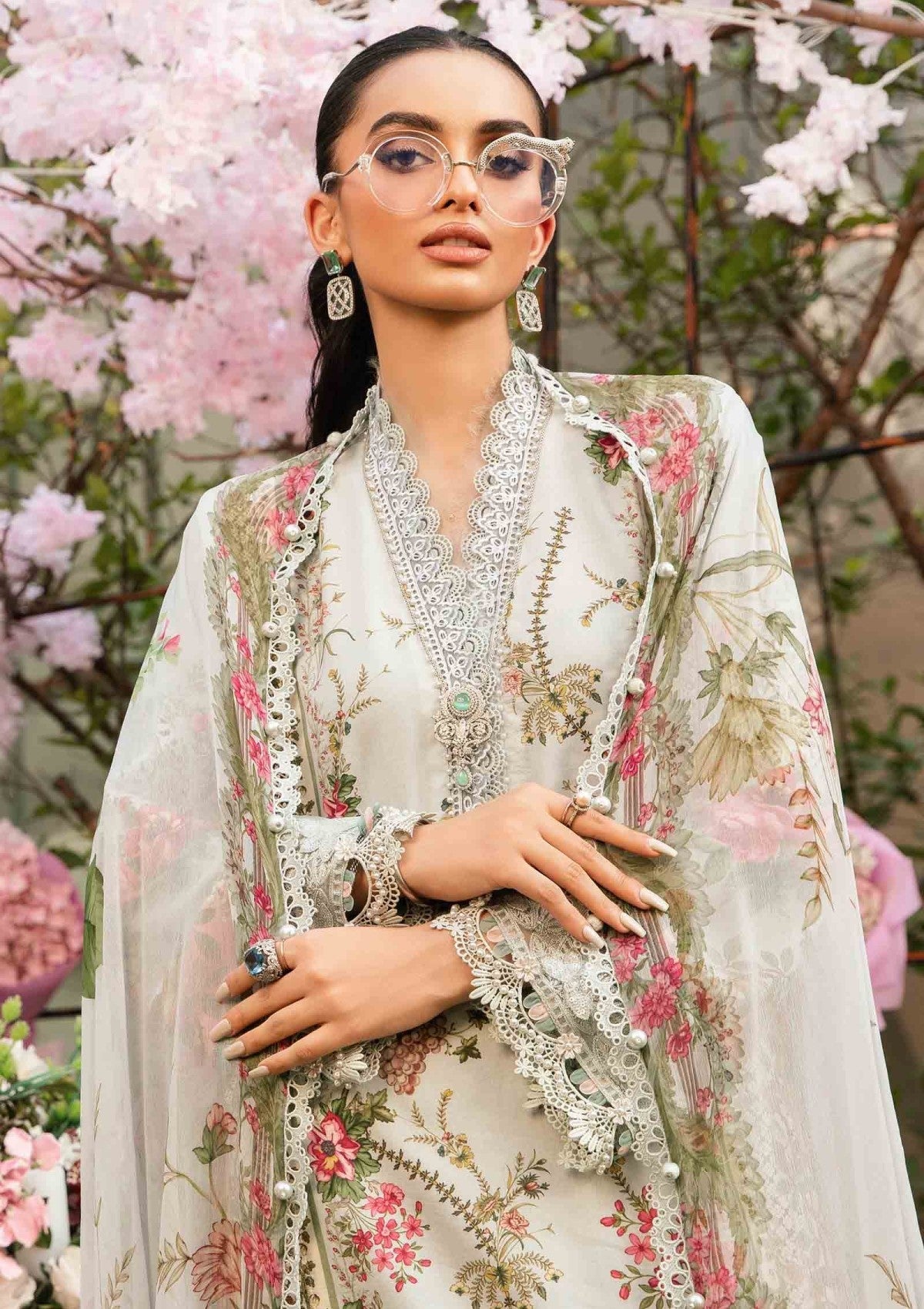 Maria B inspired 3-piece embroidered lawn suit MPT-2604-A with chiffon dupatta and cambric trousers – RS Royal Fashion