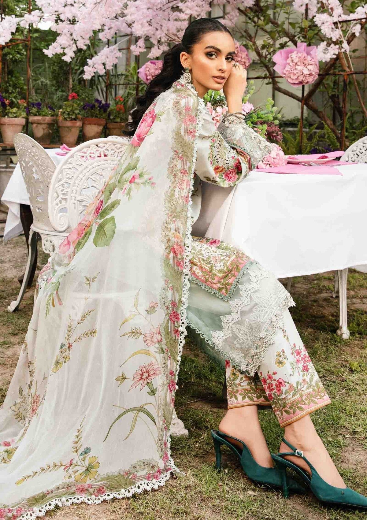 Maria B inspired 3-piece embroidered lawn suit MPT-2604-A with chiffon dupatta and cambric trousers – RS Royal Fashion