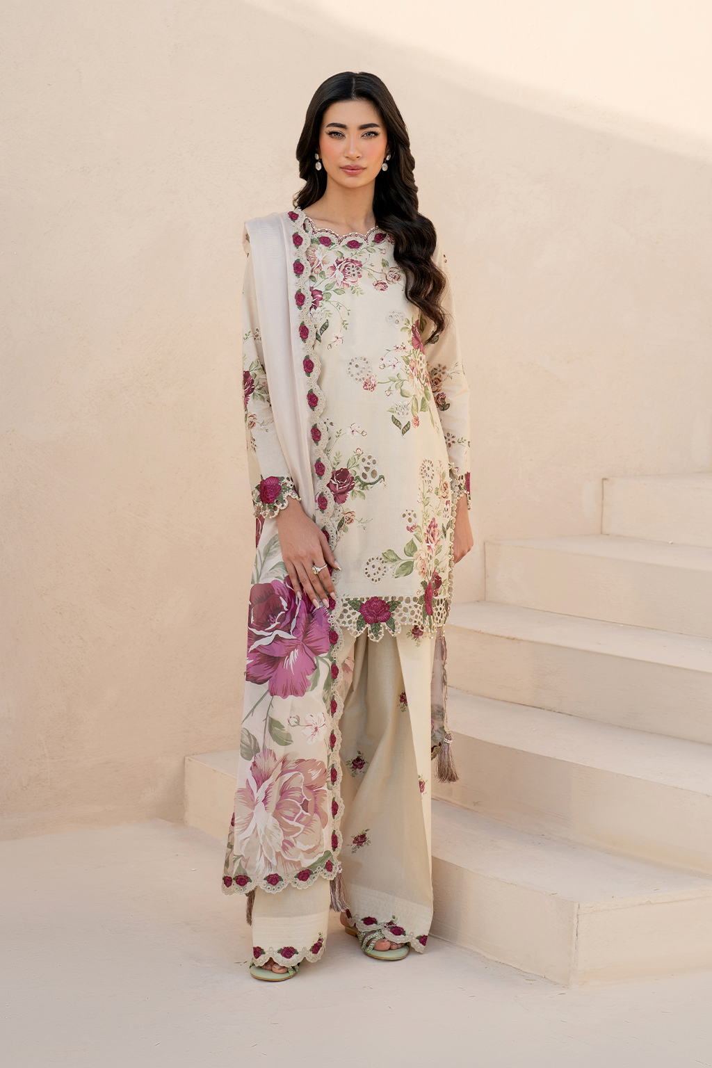 EFL-05 3-piece unstitched embroidered lawn suit with borer embroidered shirt, silk dupatta with lace, and printed trouser – By Iznik, available at RS Royal Fashion.