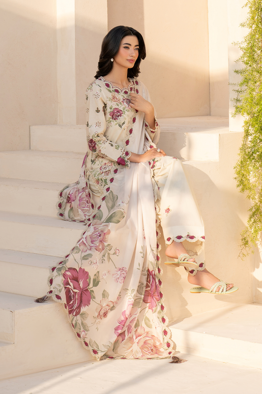 EFL-05 3-piece unstitched embroidered lawn suit with borer embroidered shirt, silk dupatta with lace, and printed trouser – By Iznik, available at RS Royal Fashion.