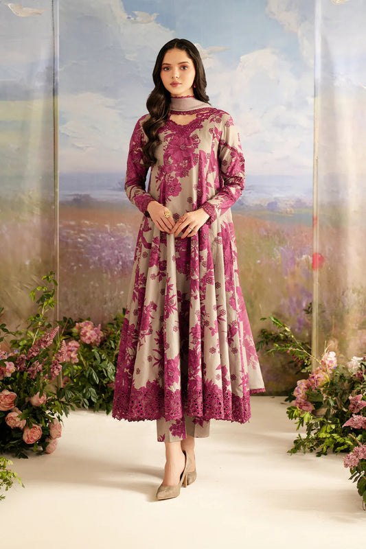 Iznik Dhanak 3PC suit with printed dhanak shirt, dupatta, trouser, and embroidered patches on organza