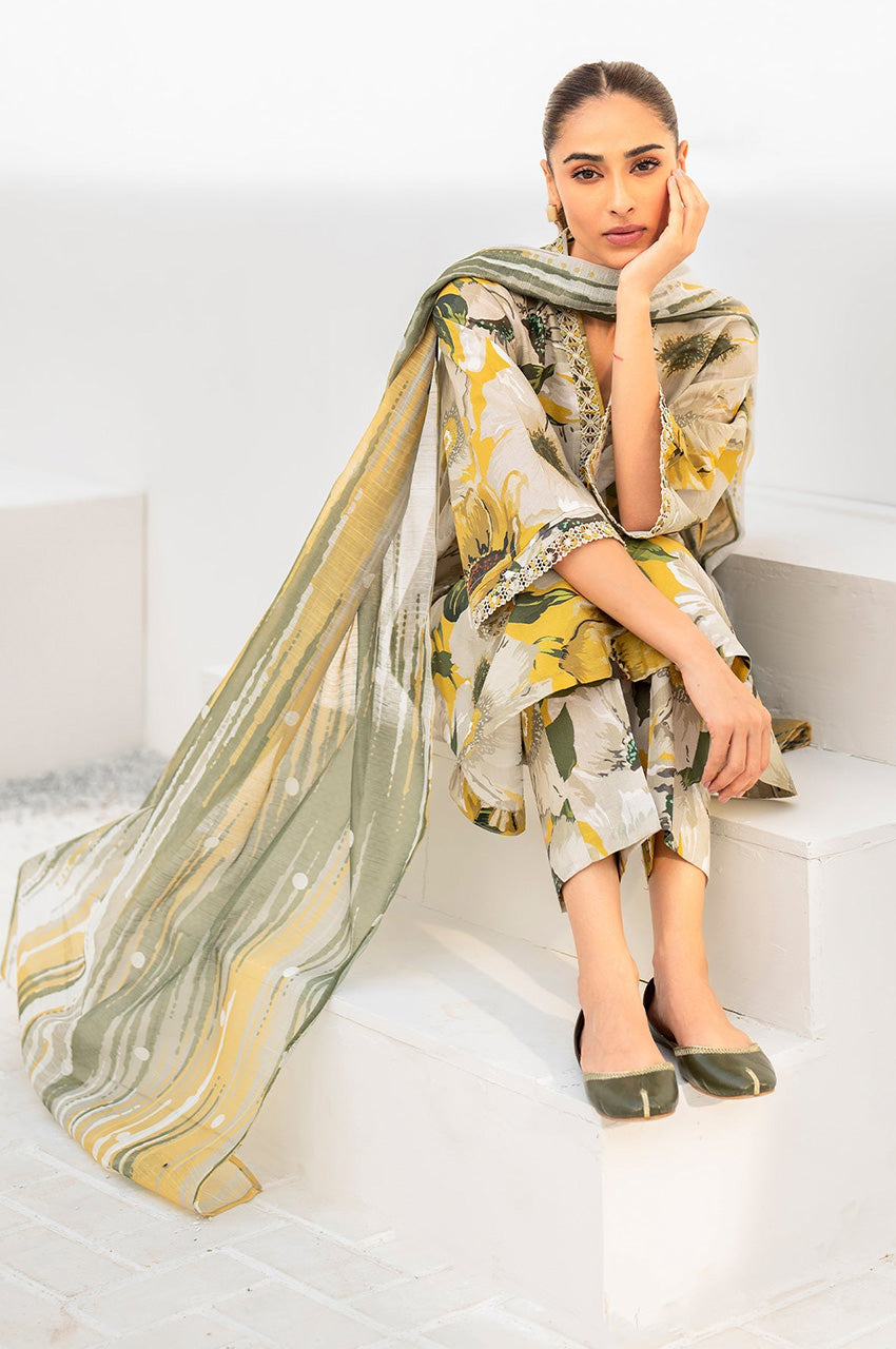 Iznik Dhanak 3PC suit with printed dhanak shirt, dupatta, trouser, and embroidered patches on organza