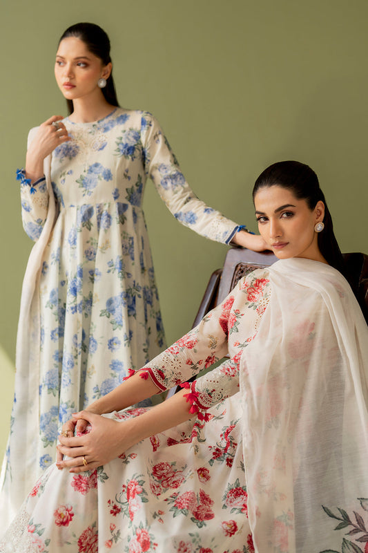 N Jahan embroidered & digital printed linen 3-piece suit with organza patch, linen dupatta, and trouser
