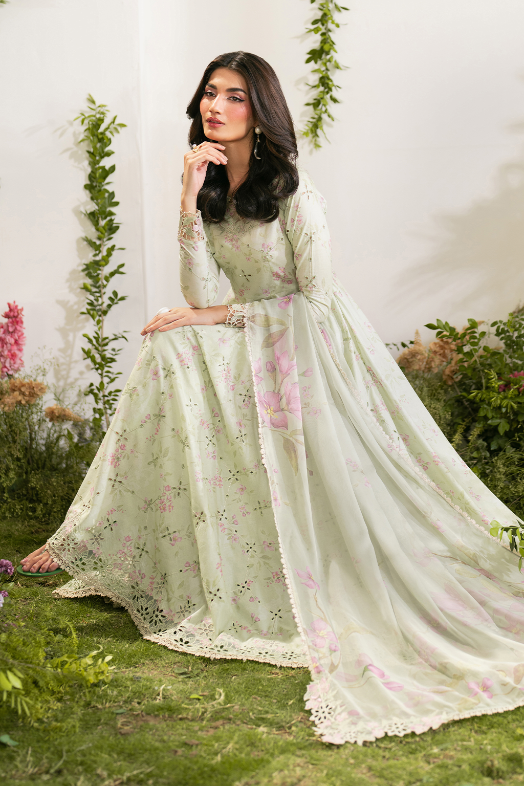 Iznik Dhanak 3PC suit with printed dhanak shirt, trouser, dupatta, embroidered daman patch, sleeve patti, and neckline patch