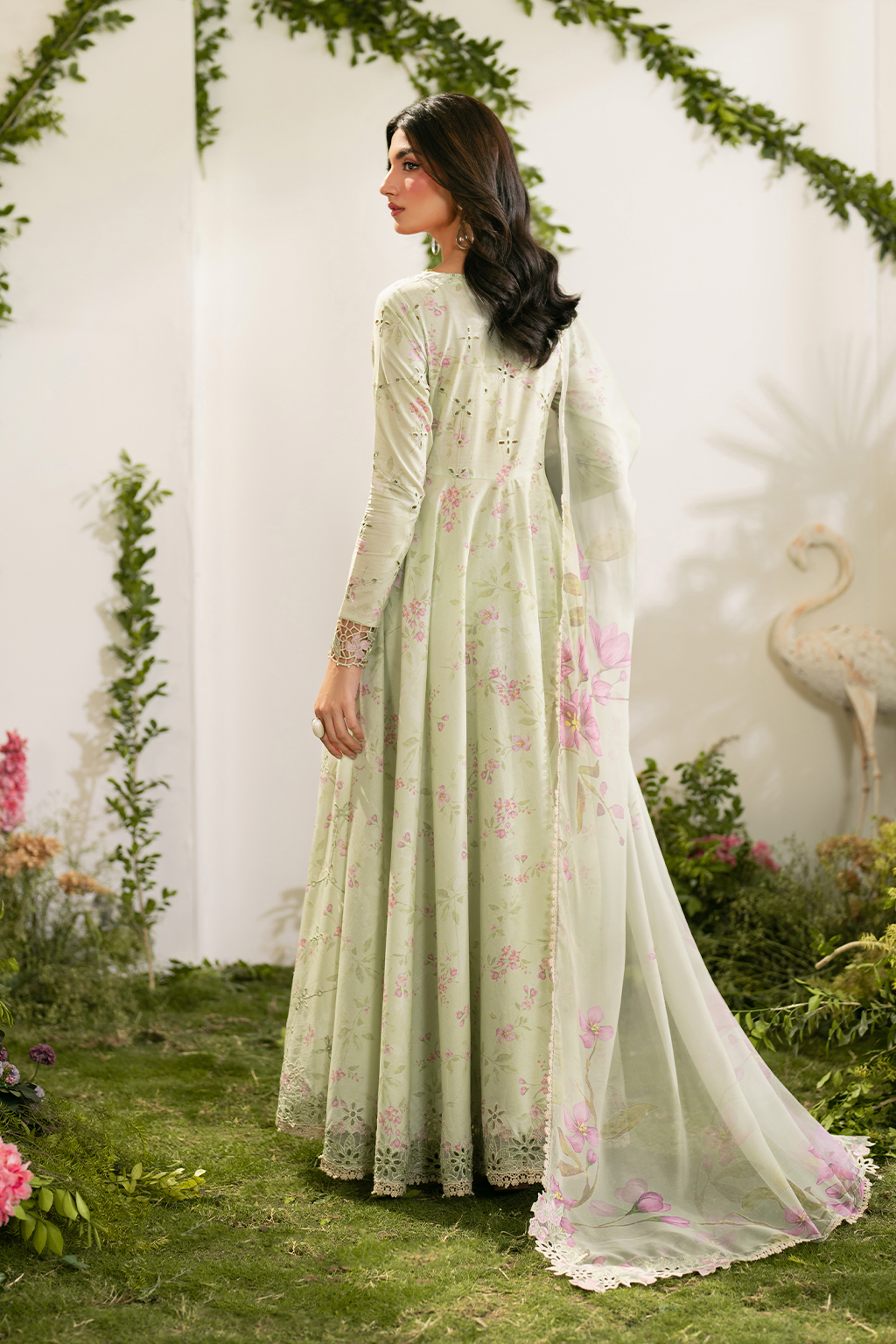 Iznik Dhanak 3PC suit with printed dhanak shirt, trouser, dupatta, embroidered daman patch, sleeve patti, and neckline patch