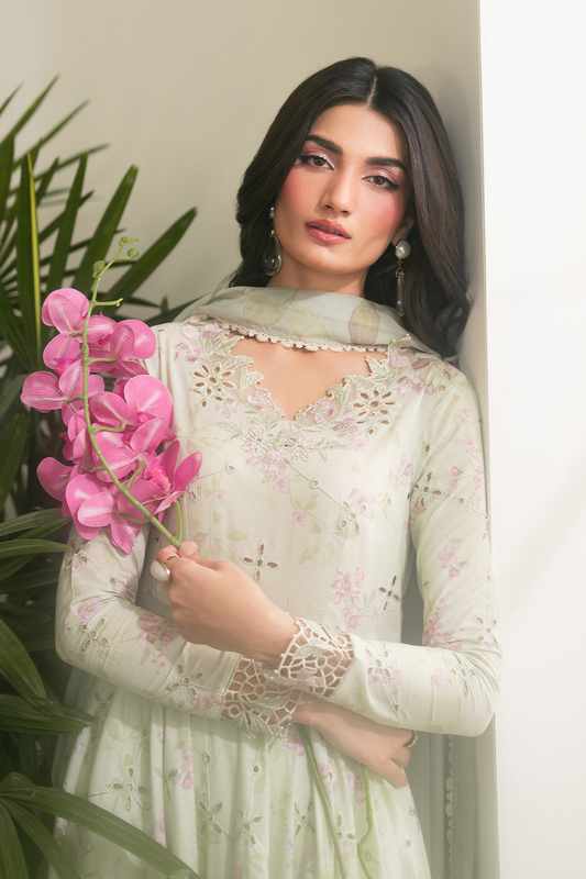 Iznik Dhanak 3PC suit with printed dhanak shirt, trouser, dupatta, embroidered daman patch, sleeve patti, and neckline patch