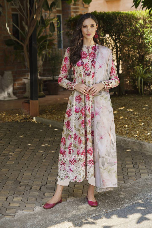 IL-UE-210 heavy embroidered lawn 3-piece replica with chiffon dupatta and cambric trouser.