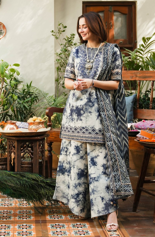 Sapphire-inspired luxury lawn suit with embroidery, chiffon dupatta & cotton trouser