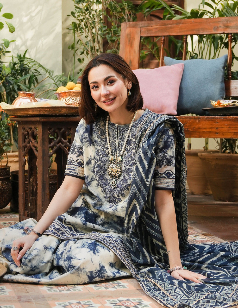 Sapphire-inspired luxury lawn suit with embroidery, chiffon dupatta & cotton trouser