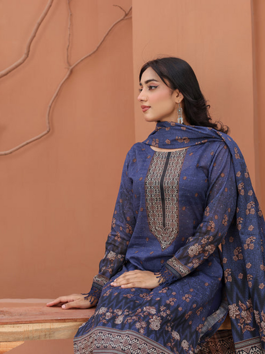 BinNoor Fab printed lawn 3pc (De-LA19-P30187) – digital airjet shirt & dupatta, cotton dyed shutleless trouser – Rs. 3,150/-