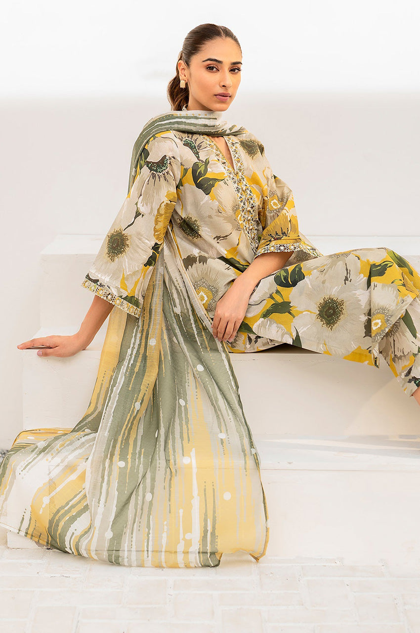Iznik Dhanak 3PC suit with printed dhanak shirt, dupatta, trouser, and embroidered patches on organza