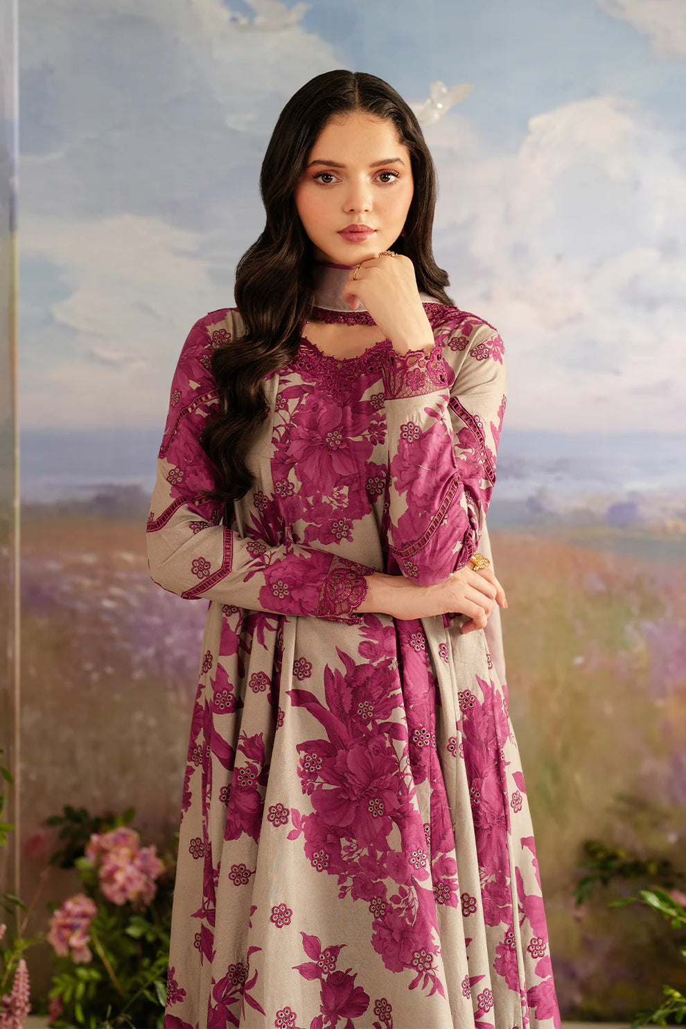 Iznik Dhanak 3PC suit with printed dhanak shirt, dupatta, trouser, and embroidered patches on organza