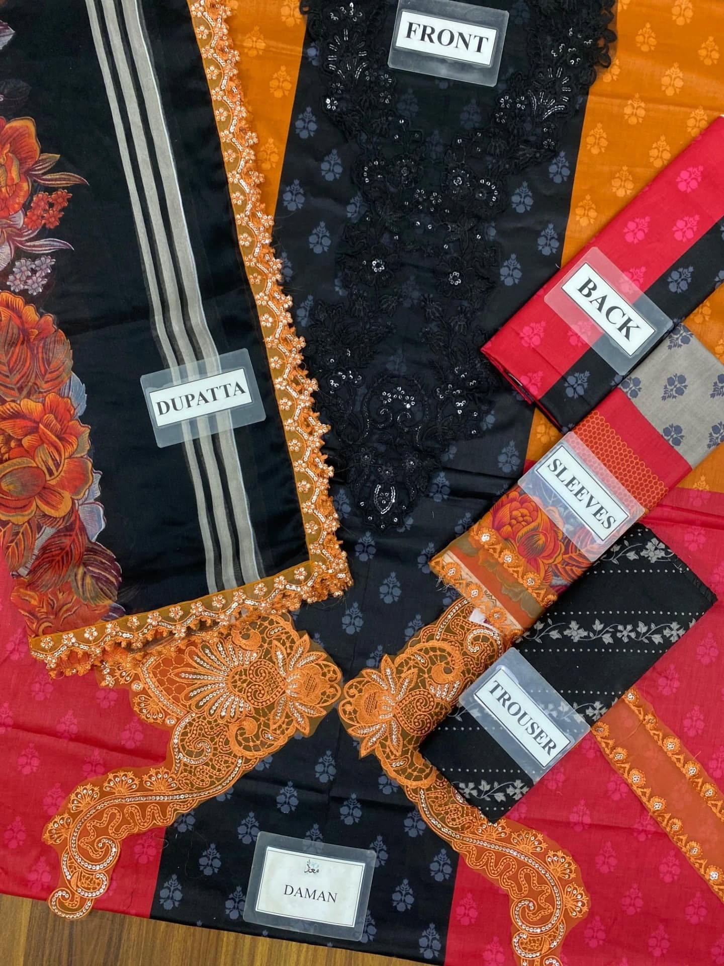 Charizma replica – embroidered lawn 3pc with chiffon dupatta, embroidered daman & sleeves, cambric trouser – Rs. 3,950/-