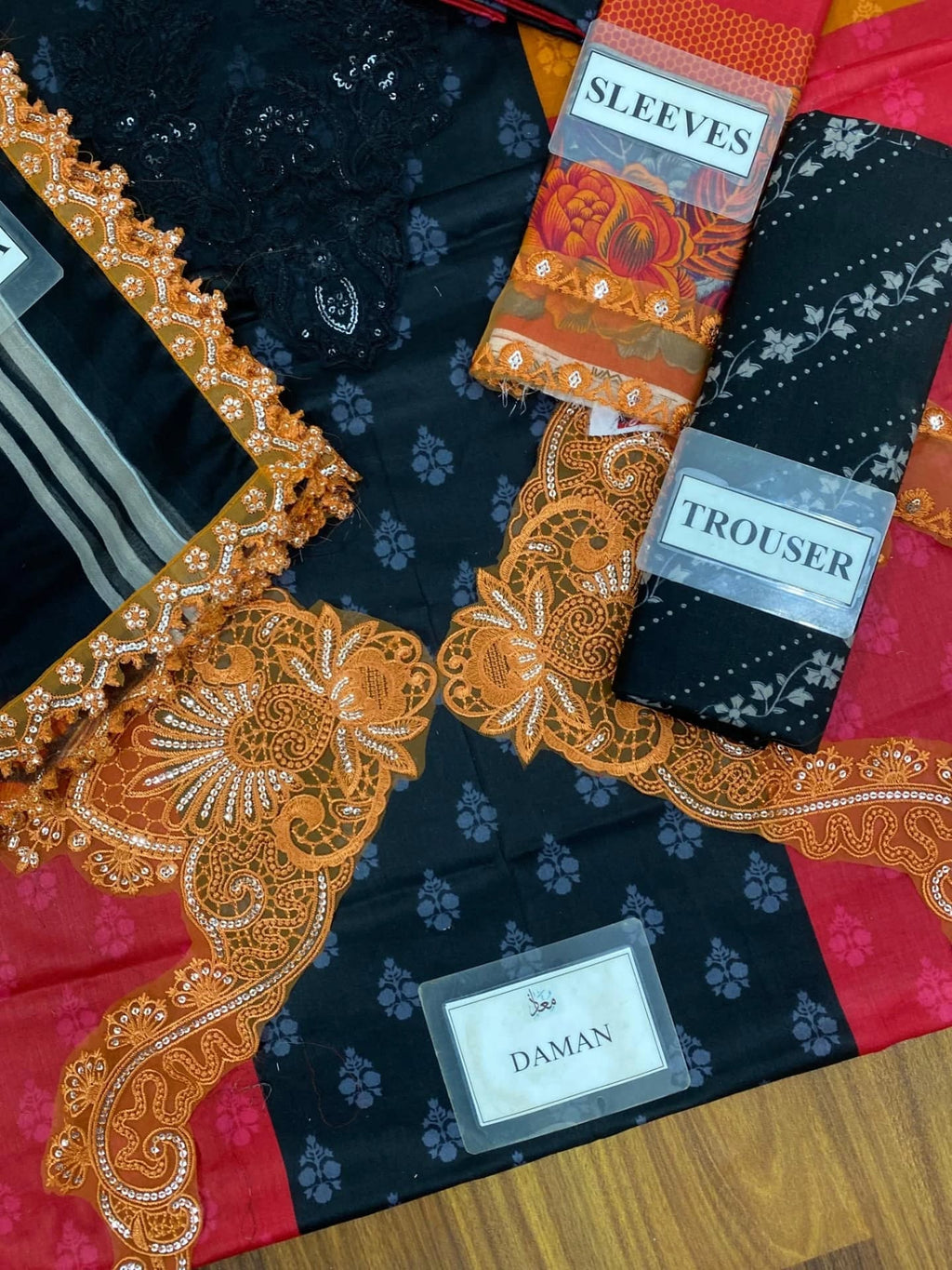 Charizma replica – embroidered lawn 3pc with chiffon dupatta, embroidered daman & sleeves, cambric trouser – Rs. 3,950/-