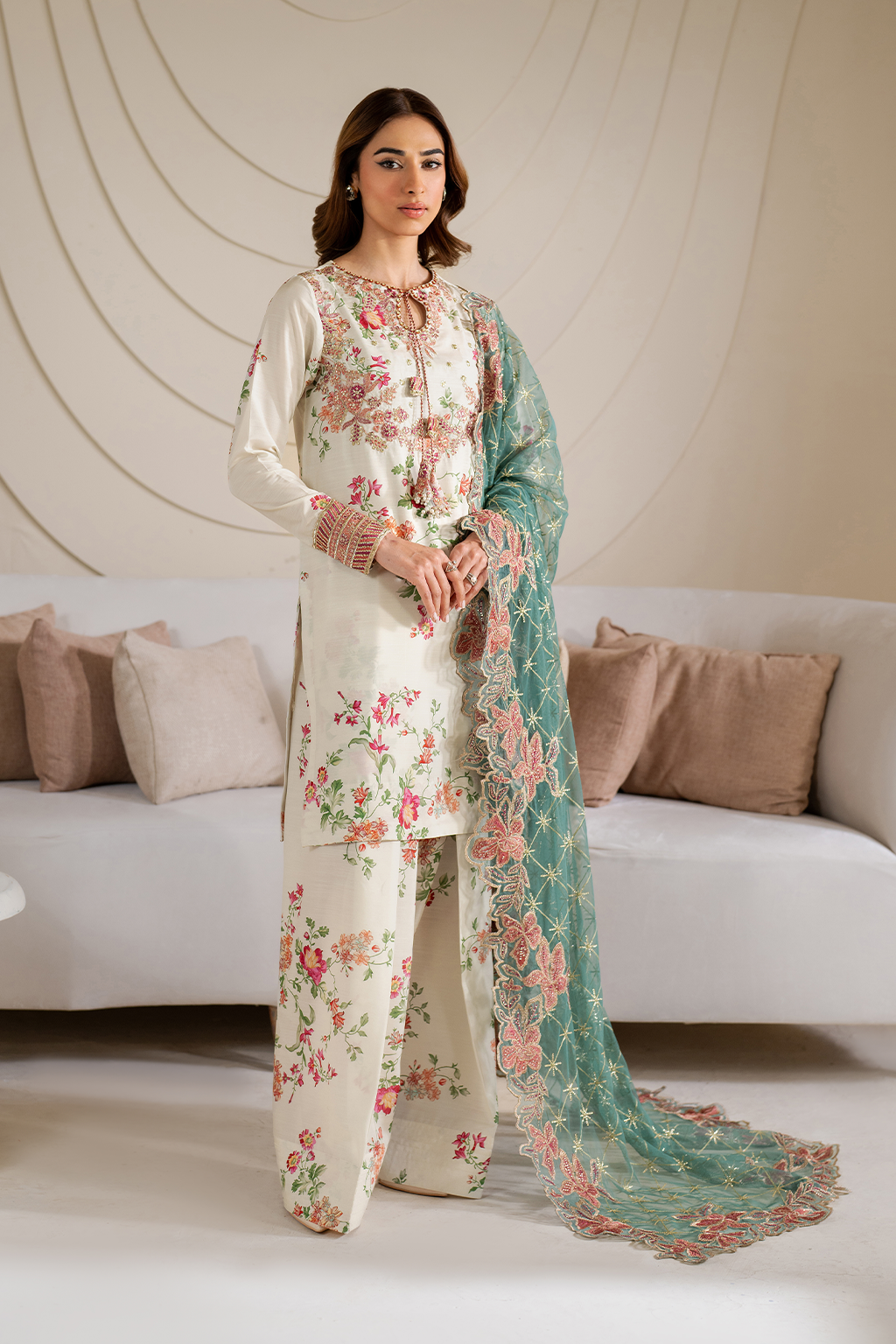 UE-411 Digital Printed Silk Embroidered Suit with embroidered shirt, silk trouser & zari dupatta – RS Royal Fashion