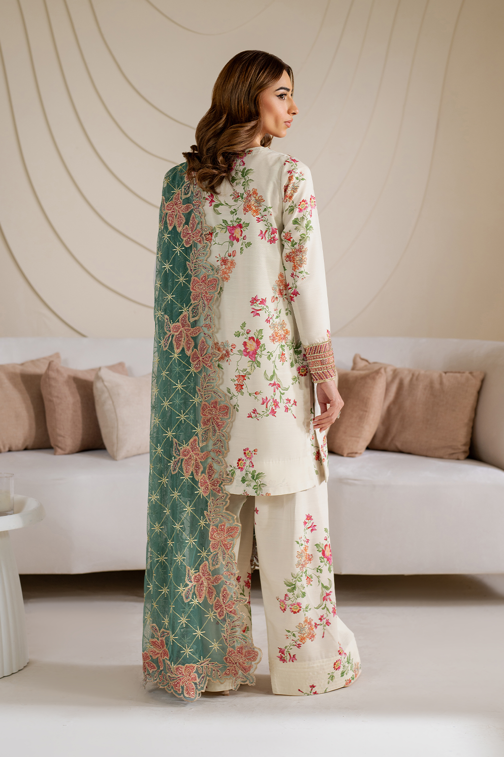 UE-411 Digital Printed Silk Embroidered Suit with embroidered shirt, silk trouser & zari dupatta – RS Royal Fashion