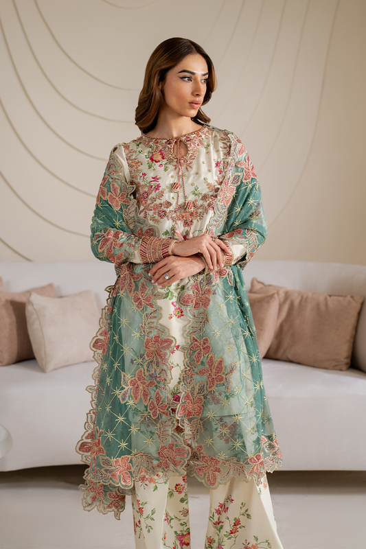 UE-411 Digital Printed Silk Embroidered Suit with embroidered shirt, silk trouser & zari dupatta – RS Royal Fashion