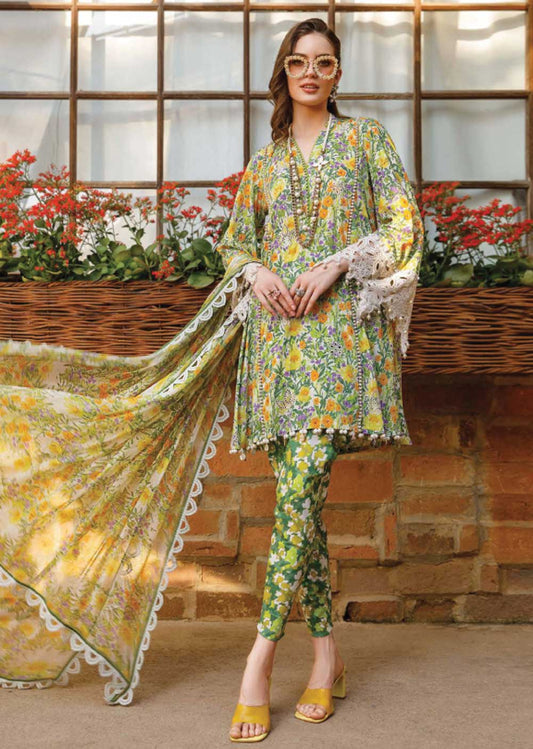 Maria B Dhanak 3PC suit with printed shirt, embroidered patches, sleeves & neckline patti, dupatta and trouser