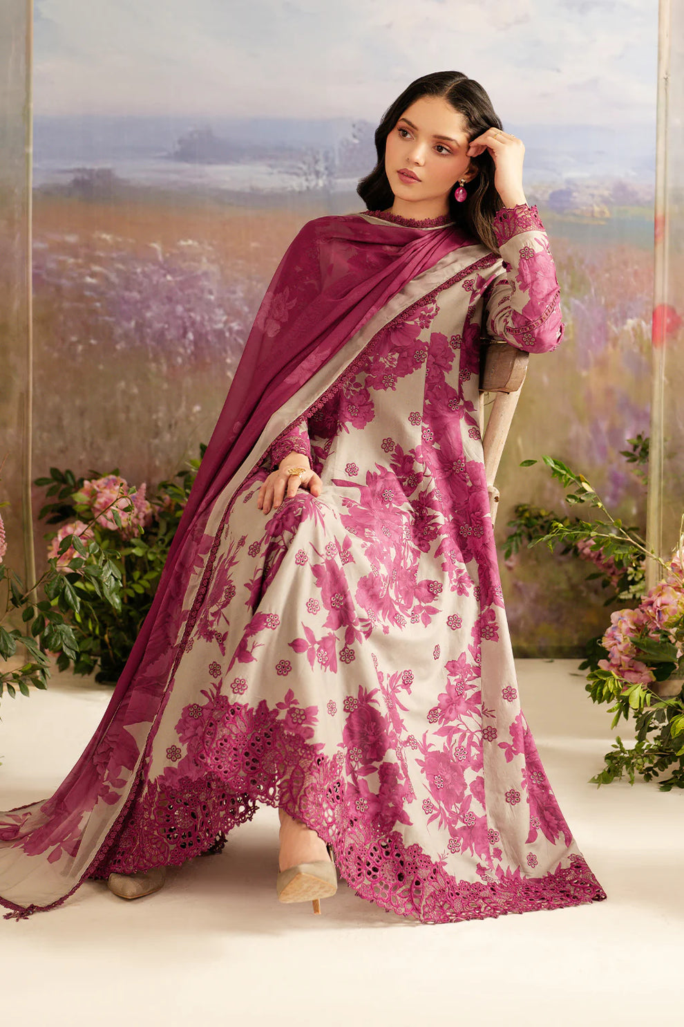 Iznik Dhanak 3PC suit with printed dhanak shirt, dupatta, trouser, and embroidered patches on organza