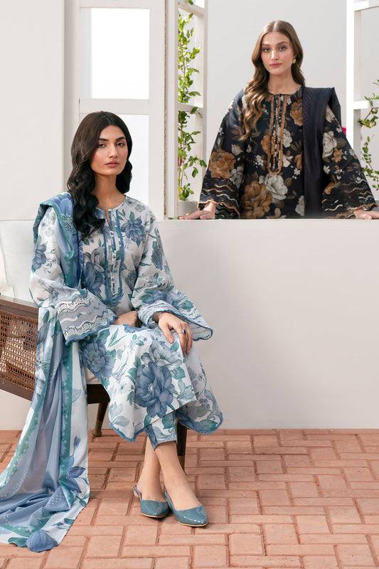 Maria B Dhanak 3PC suit with printed dhanak shirt, dupatta, trouser, and embroidered patches on organza