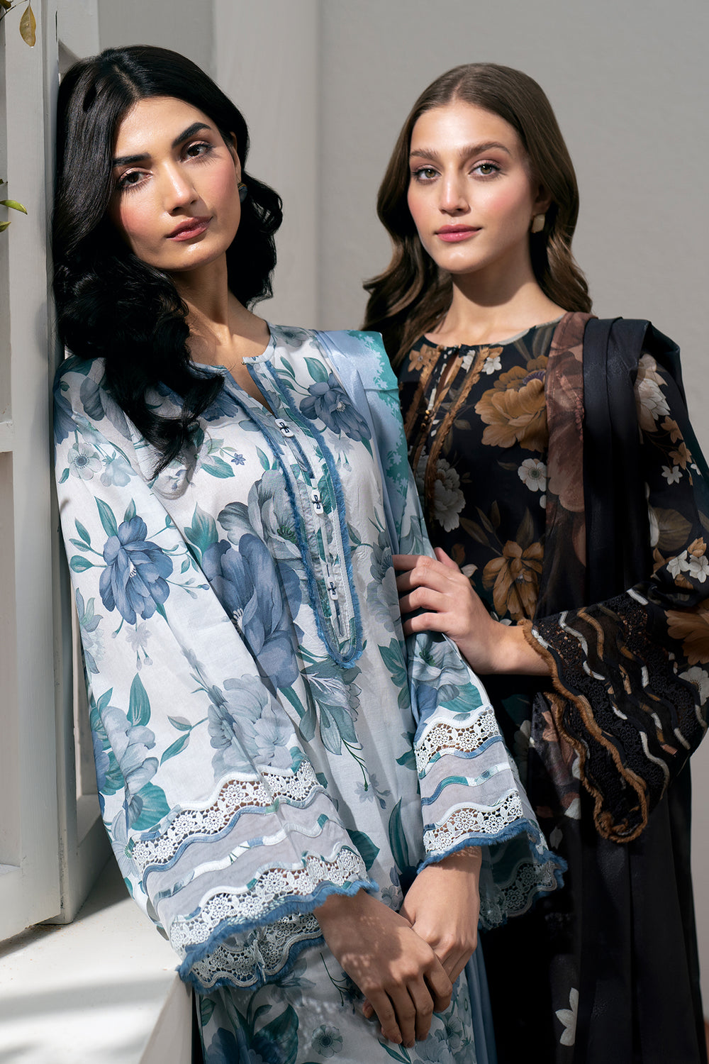 Maria B Dhanak 3PC suit with printed dhanak shirt, dupatta, trouser, and embroidered patches on organza