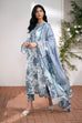 Maria B Dhanak 3PC suit with printed dhanak shirt, dupatta, trouser, and embroidered patches on organza