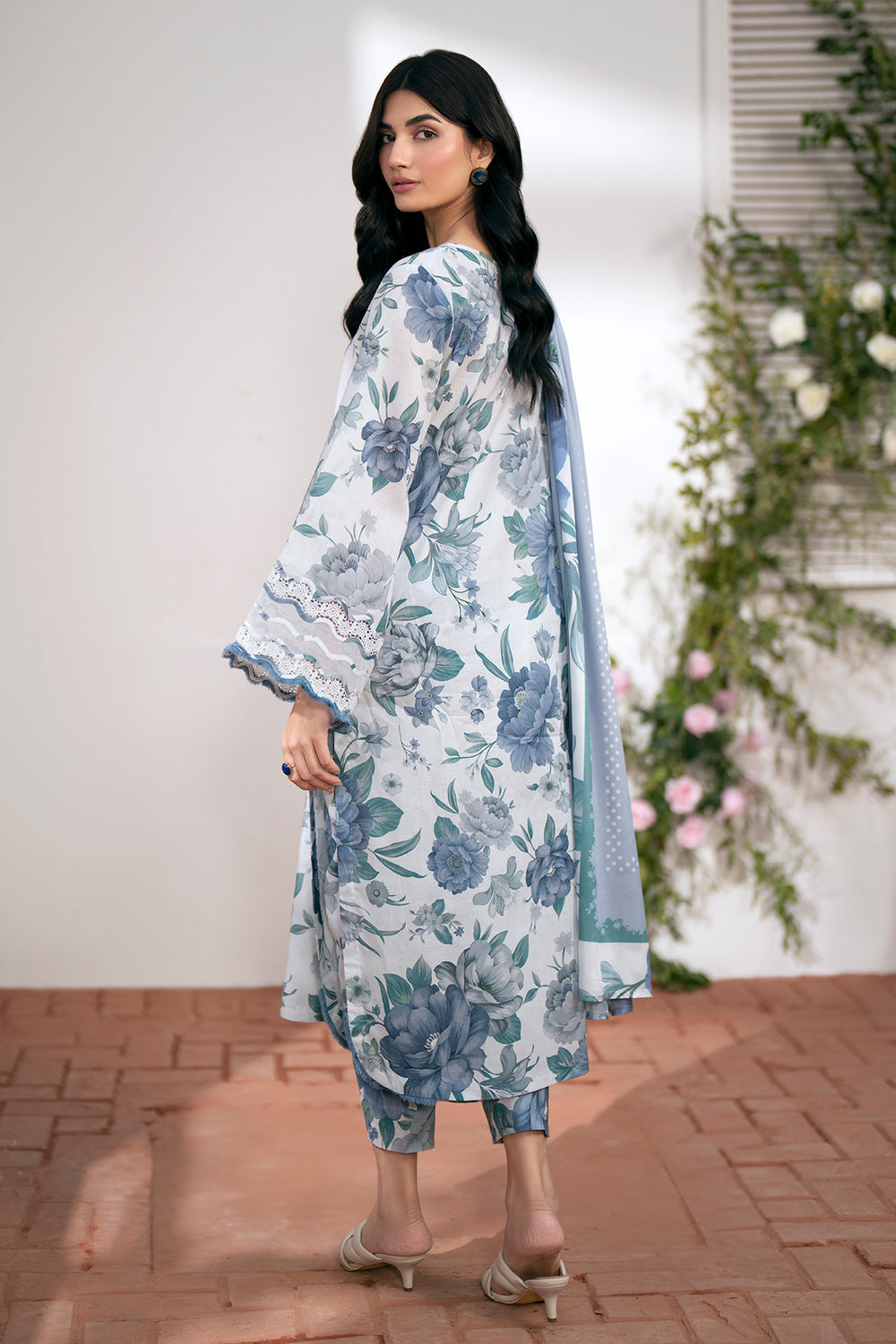 Maria B Dhanak 3PC suit with printed dhanak shirt, dupatta, trouser, and embroidered patches on organza