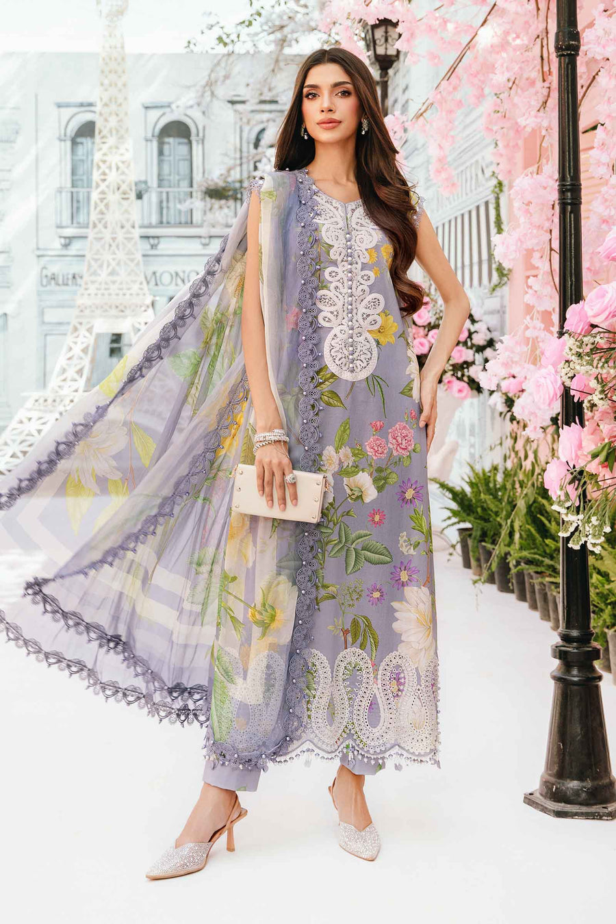 Unstitched embroidered digital print lawn suit MPT-2604-A with chiffon dupatta and printed trousers