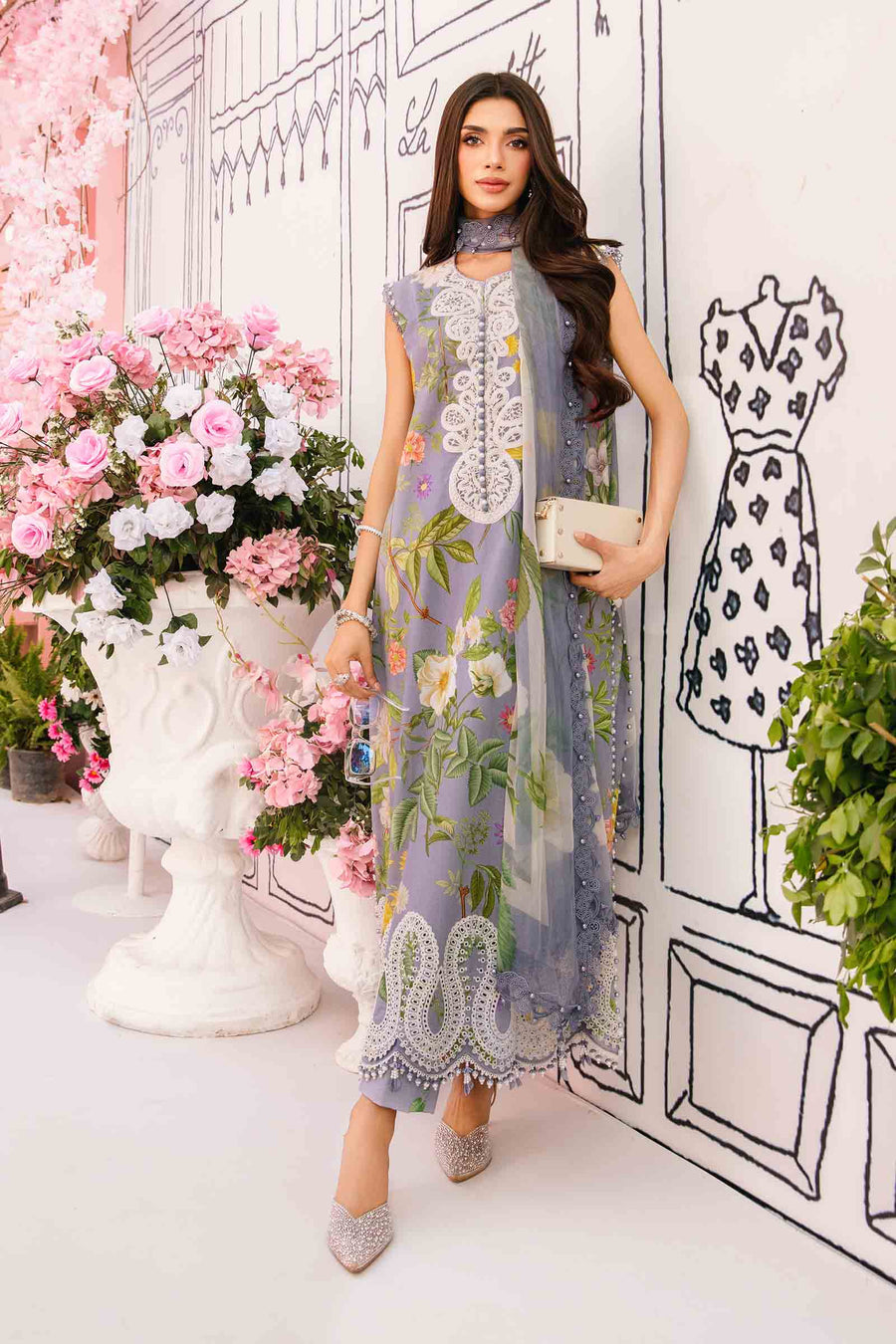 Unstitched embroidered digital print lawn suit MPT-2604-A with chiffon dupatta and printed trousers