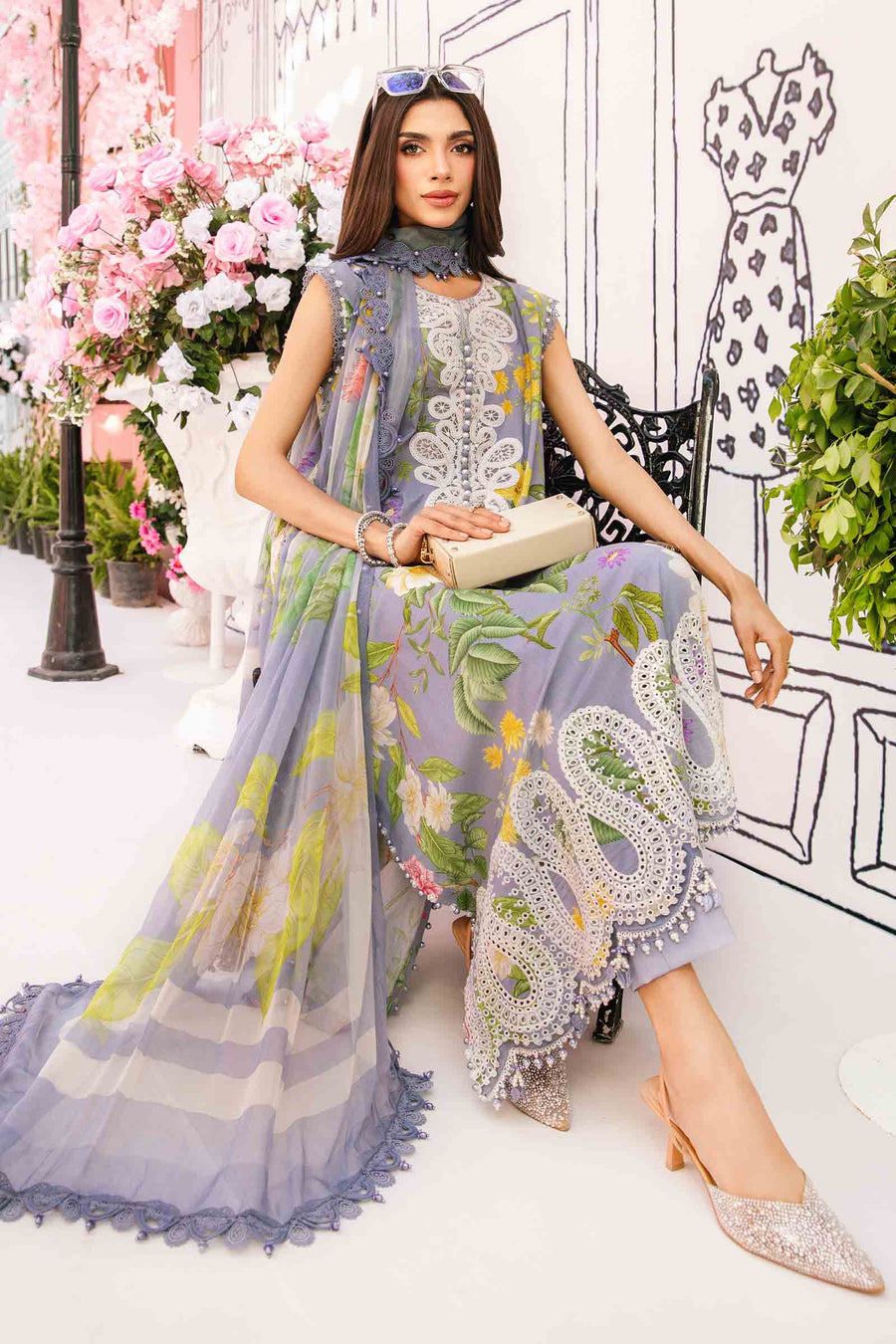 Unstitched embroidered digital print lawn suit MPT-2604-A with chiffon dupatta and printed trousers