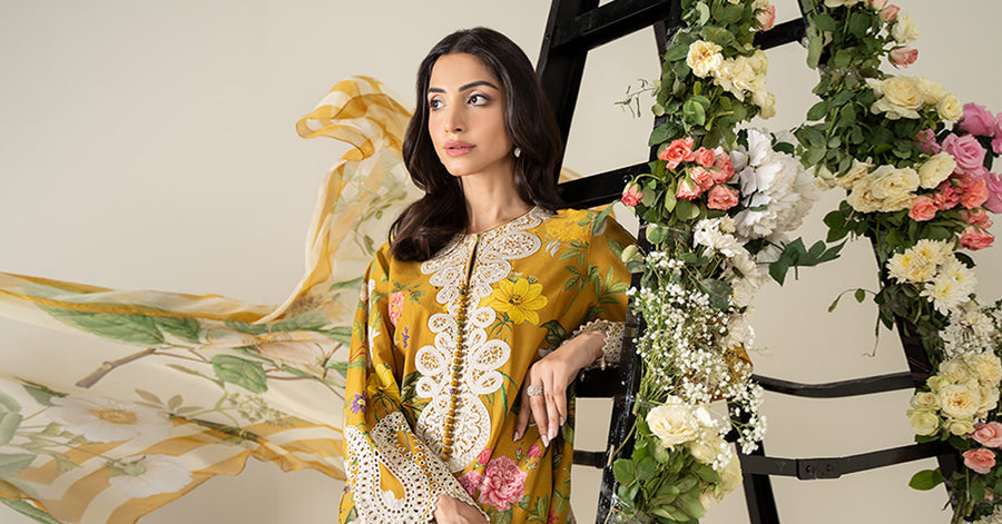 Maria B MP25-04B 3-piece unstitched printed lawn suit with chiffon dupatta and cambric trousers.