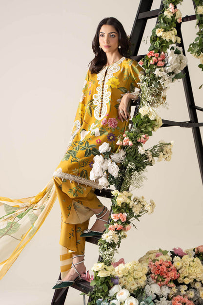 Maria B MP25-04B 3-piece unstitched printed lawn suit with chiffon dupatta and cambric trousers.